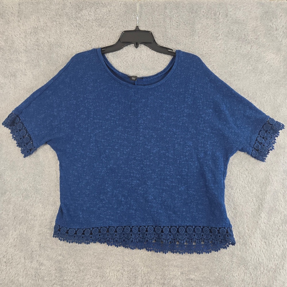 Attention Womens Blue Crochet Lace Trim Knit Top XL Cotton Short Sleeve 5015